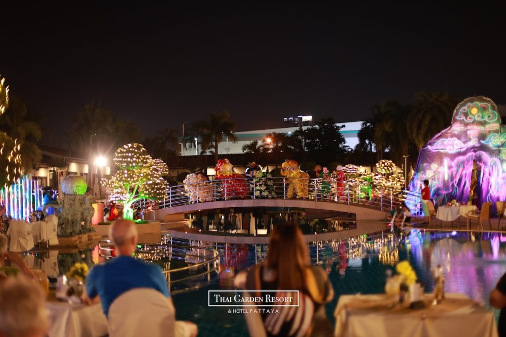 Dragon dance performance at Thai Garden Resort Pattaya New Year's Eve 2024 celebration.