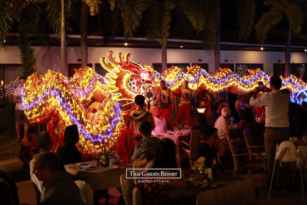 Beautiful illuminated dragon at Thai Garden Resort Pattaya New Year’s Eve 2024 celebration.